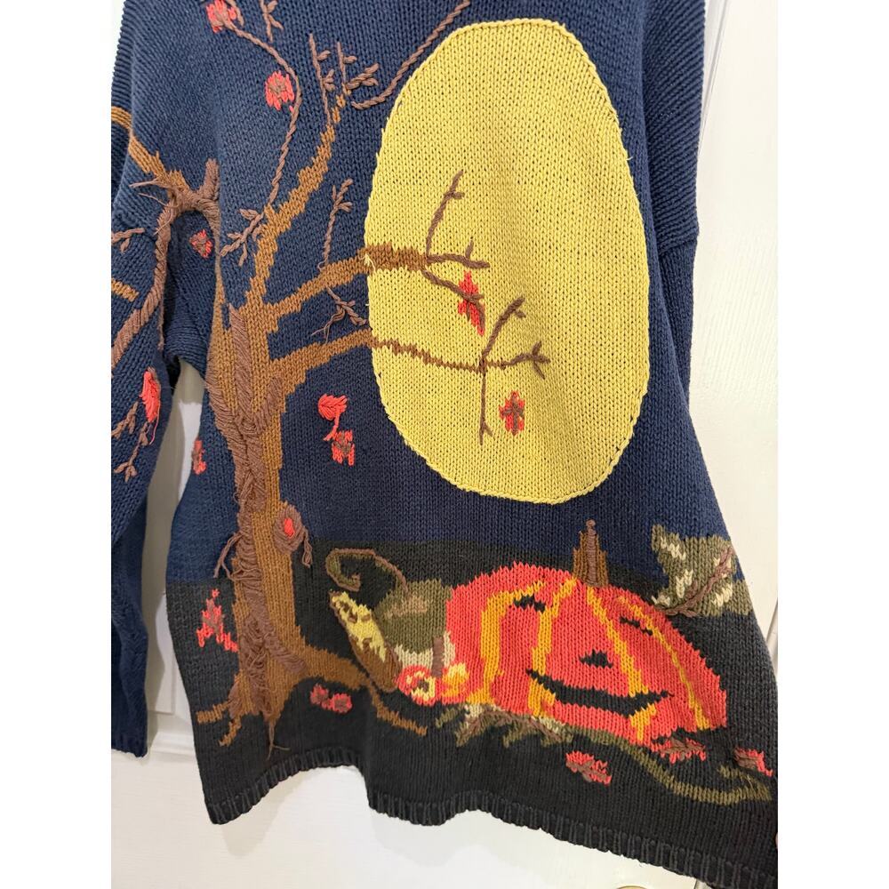 Vintage Lauren Hansen Halloween Sweater Witch Pumpkin Tree Knit Blue Size Large - Picture 2 of 7